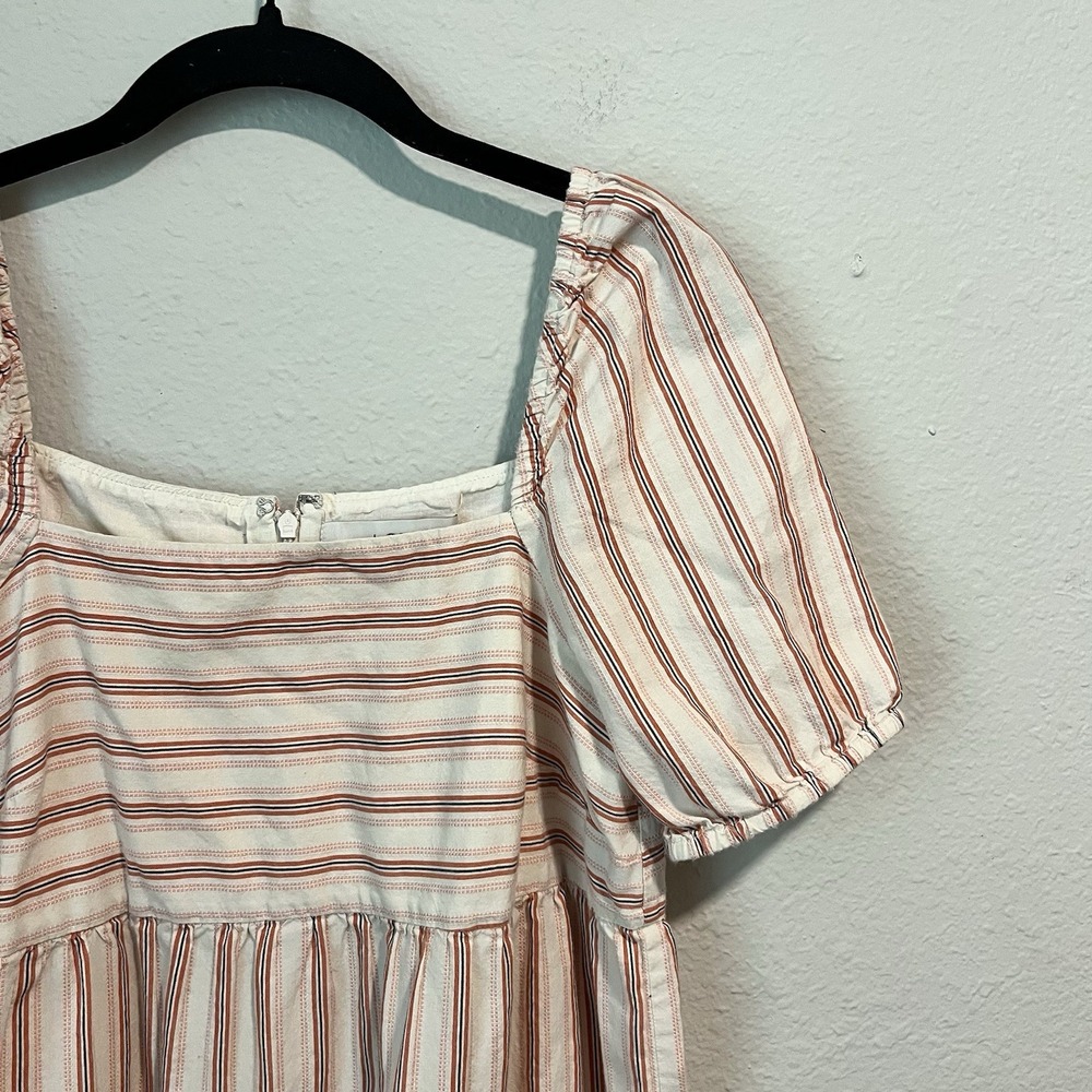 LOFT Women's Mini Dress Size 2 Red Pink Striped Puff Sleeve Babydoll Summery - Picture 3 of 13